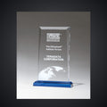 5" x 7 3/4" Apex Clear Acrylic Award with Blue Highlights and Blue Base, laser engraved with a sample name and logo layout