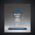 10" x 10 3/4" Large Tower Spotlight Clear Acrylic Award with Blue Accent, laser engraved with a sample name and logo layout