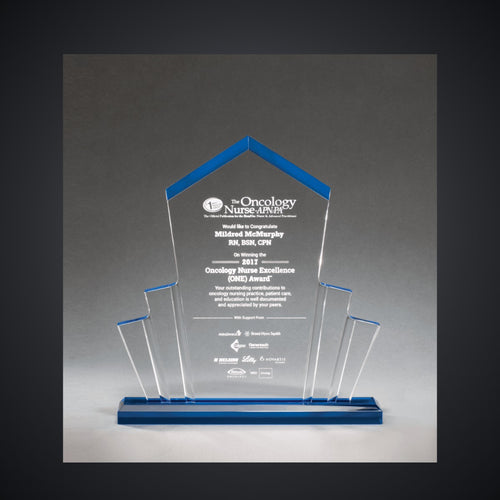 10" x 10 3/4" Large Tower Spotlight Clear Acrylic Award with Blue Accent, laser engraved with a sample name and logo layout