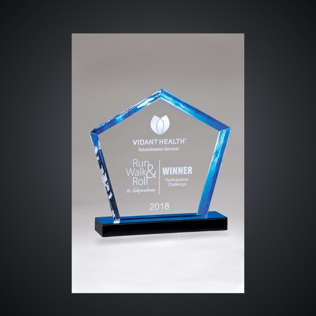 6" x 7" Diamond Acrylic Award with Blue Accent and Blue Mirror Base, laser engraved with a sample name and logo layout