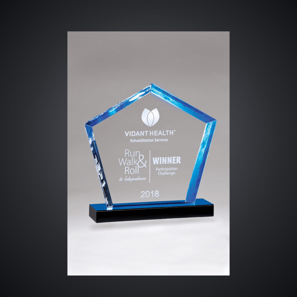 8" x 9" Diamond Acrylic Award with Blue Accent and Blue Mirror Base, laser engraved with a sample name and logo layout
