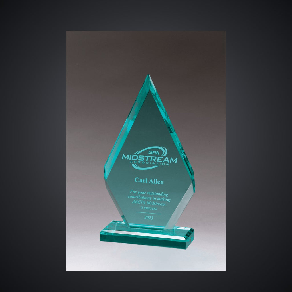 4 1/2" x 8 1/2" Flame Beveled Jade Acrylic Award, laser engraved with a sample name and logo layout