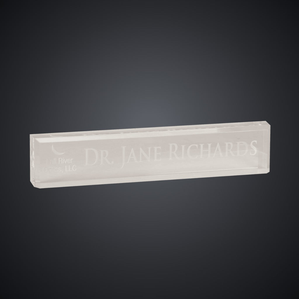 10" x 2" Clear Acrylic Desk Wedge Name Plate, laser engraved with a sample name and logo layout