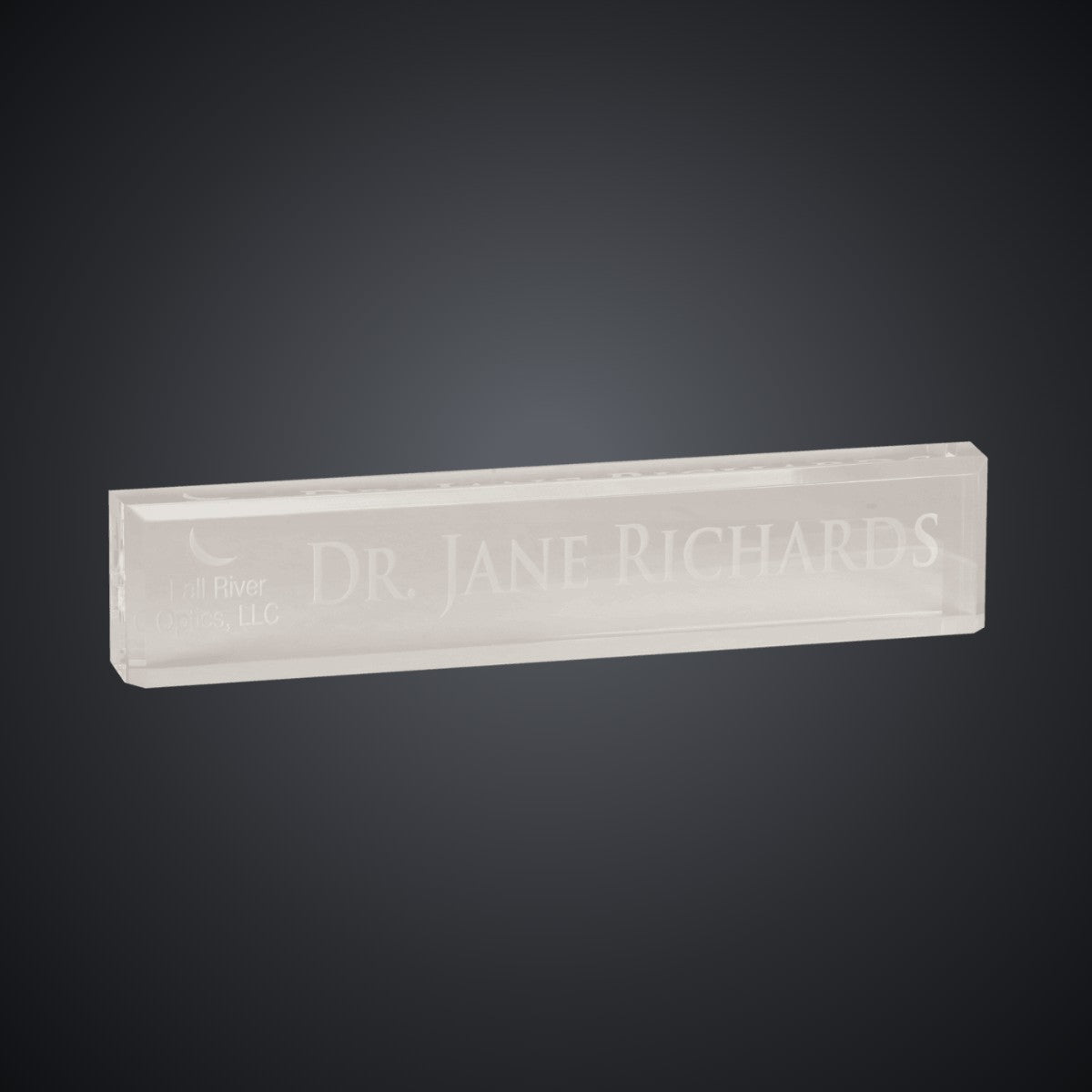 10" x 2" Clear Acrylic Desk Wedge Name Plate, laser engraved with a sample name and logo layout