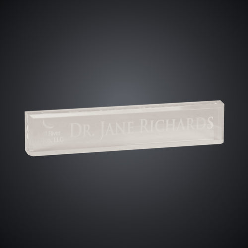 10" x 2" Clear Acrylic Desk Wedge Name Plate, laser engraved with a sample name and logo layout
