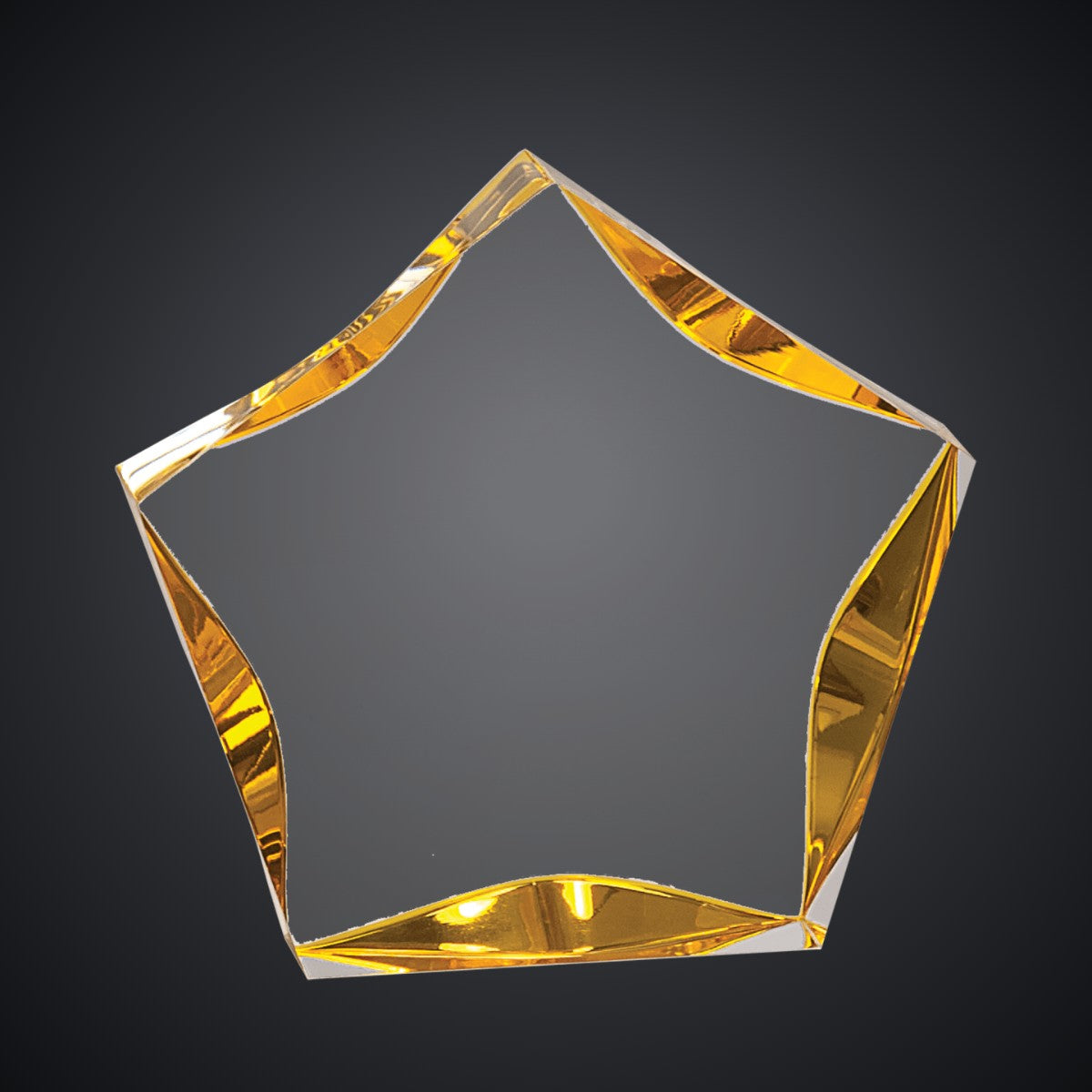 5" Clear and Gold Luminary Star Acrylic Award, laser engraved with a sample name and logo layout