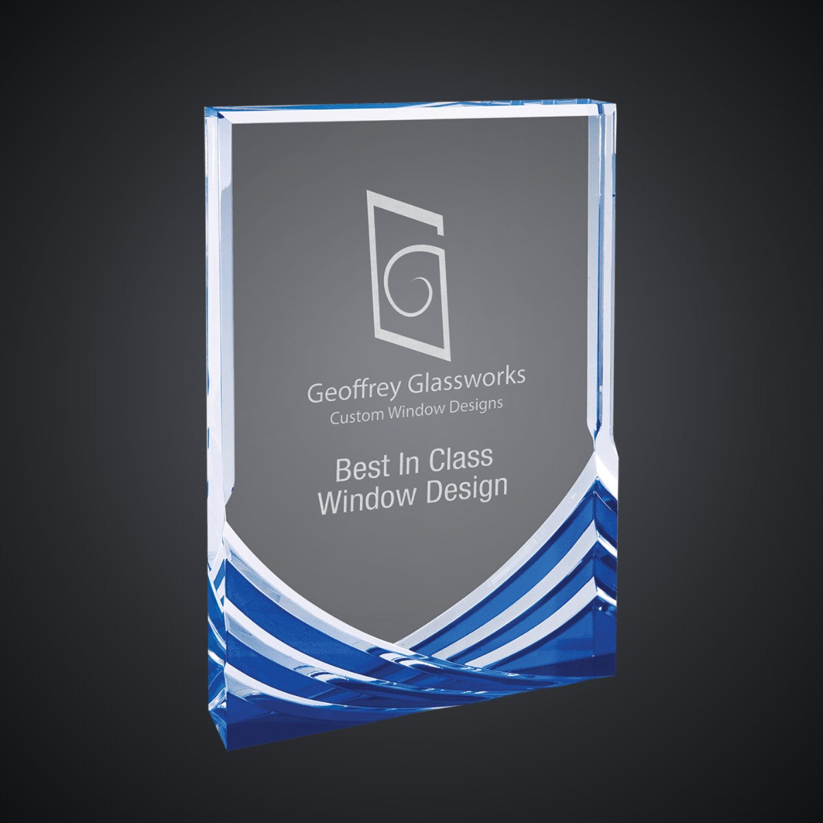 5" x 7" Blue Rectangle Soaring Acrylic, laser engraved with a sample name and logo layout