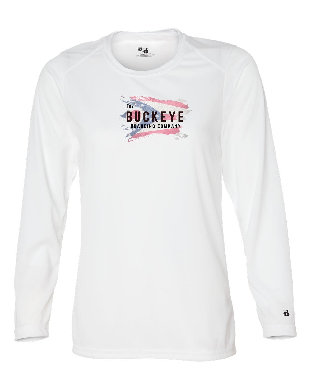 Badger Women's B-Core Moisture-Wicking Long Sleeve in White with custom logo