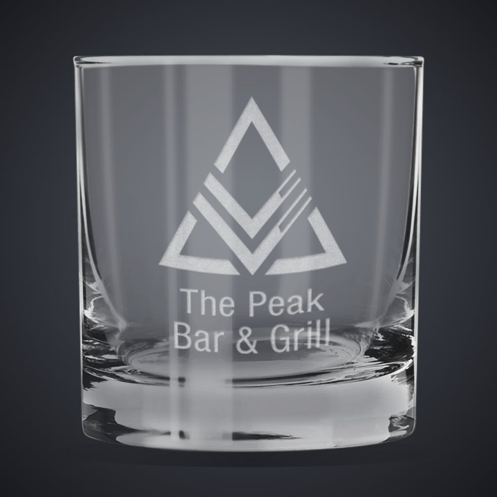 11 oz. Heavy Base Finedge Rocks Glass laser engraved with a custom logo