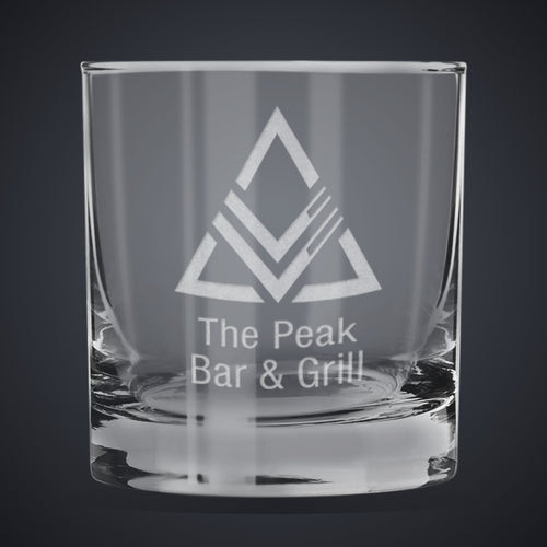 11 oz. Heavy Base Finedge Rocks Glass laser engraved with a custom logo
