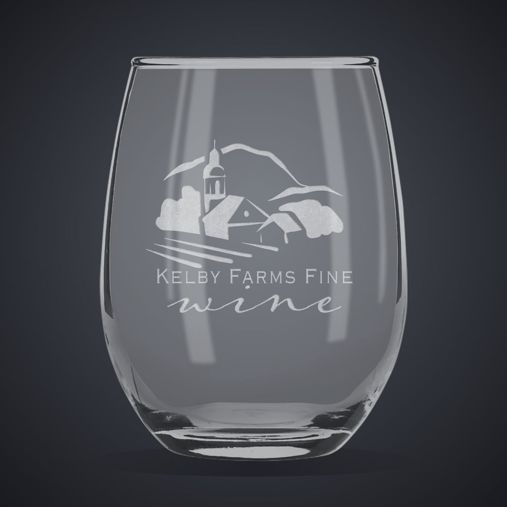 9 oz. Stemless Wine Glass laser engraved with a custom logo