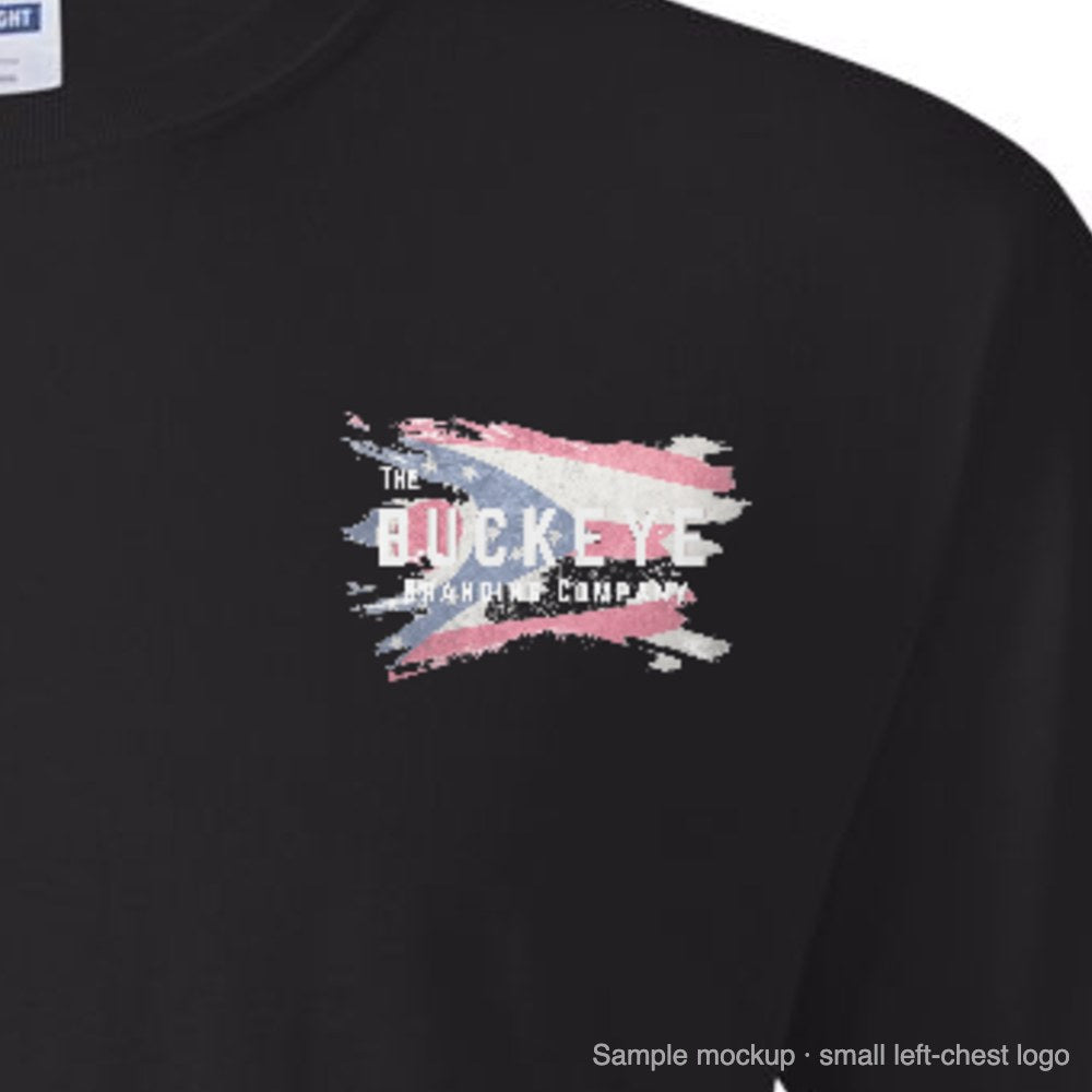 Close-up of a small left-chest logo on a black tee (sample mockup)