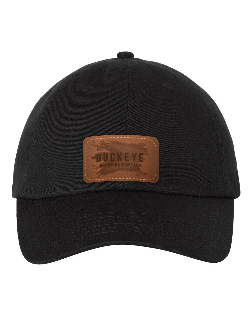 Classic Dad Hat VC300A in Black with laser-engraved leather patch (sample logo)