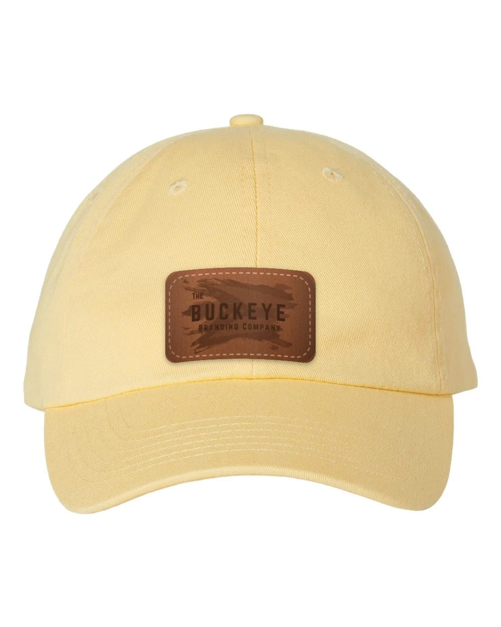Classic Dad Hat VC300A in Butter with laser-engraved leather patch (sample logo)