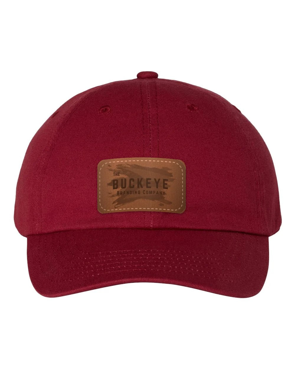 Classic Dad Hat VC300A in Cardinal with laser-engraved leather patch (sample logo)