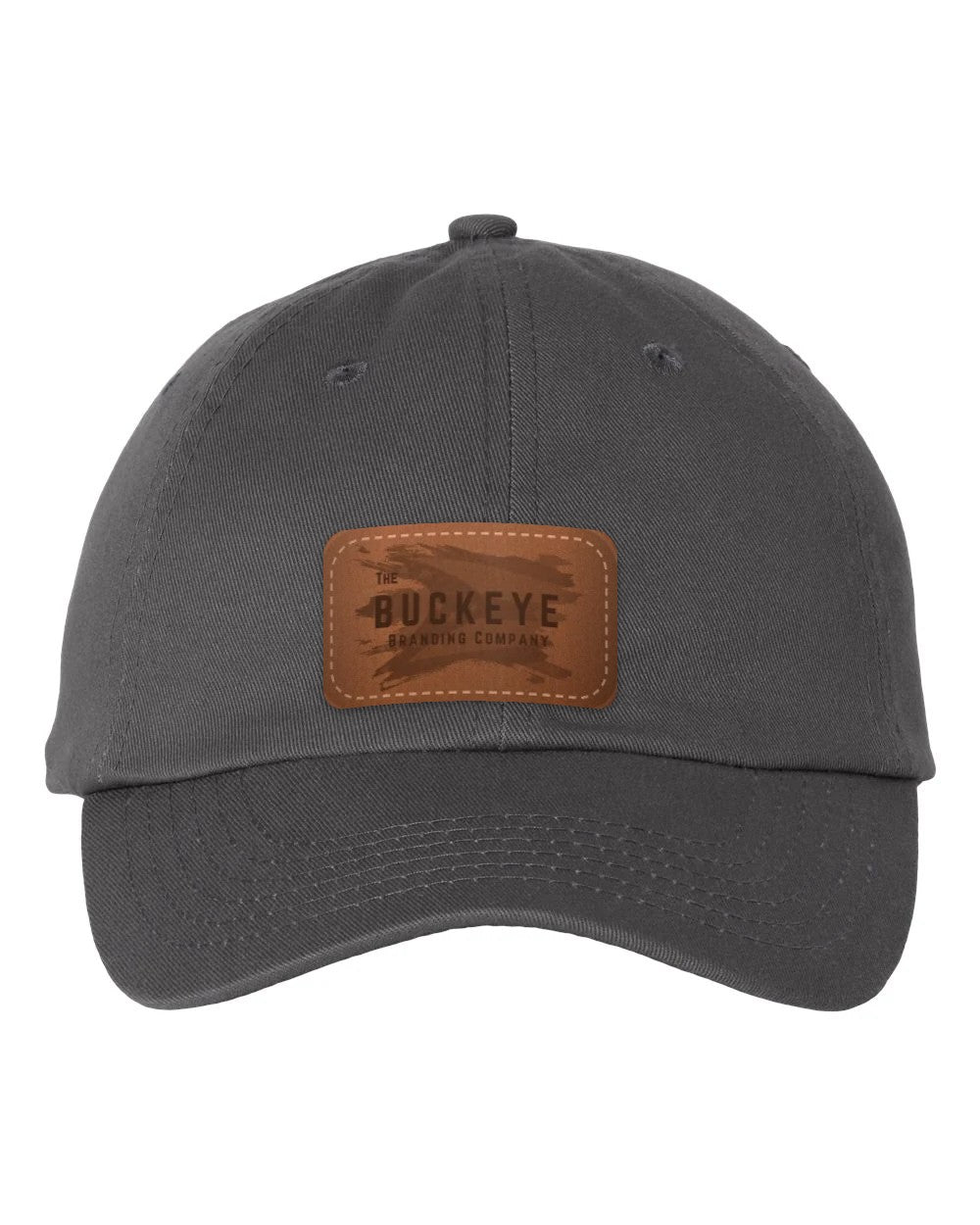 Classic Dad Hat VC300A in Charcoal with laser-engraved leather patch (sample logo)