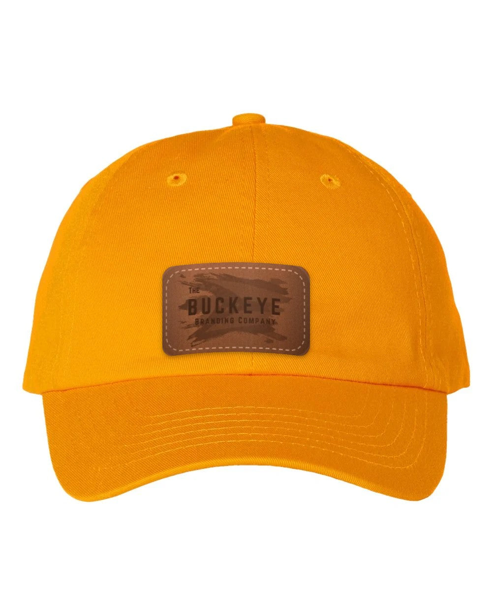 Classic Dad Hat VC300A in Gold with laser-engraved leather patch (sample logo)