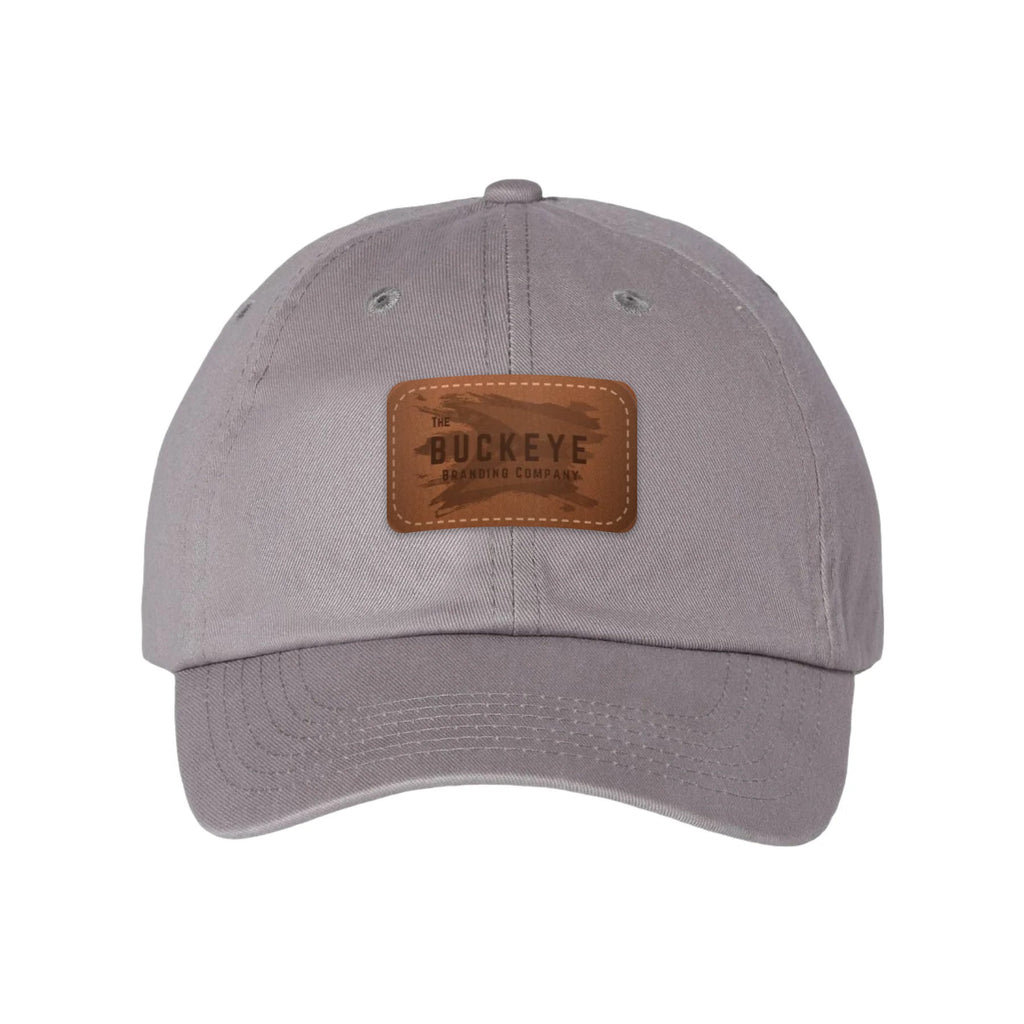 Classic Dad Hat VC300A in Grey with laser-engraved leather patch (sample logo)