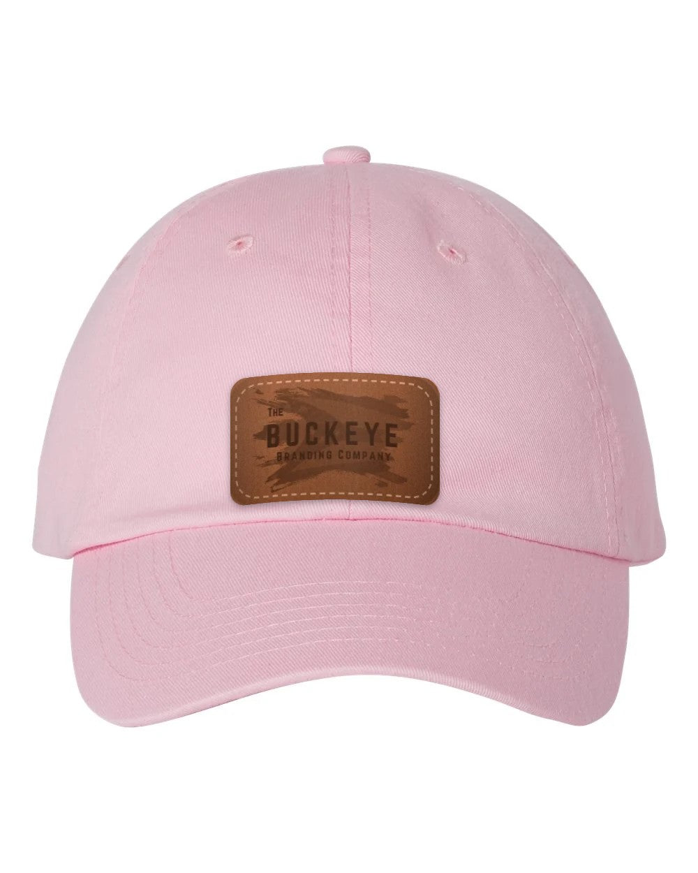 Classic Dad Hat VC300A in Light Pink with laser-engraved leather patch (sample logo)