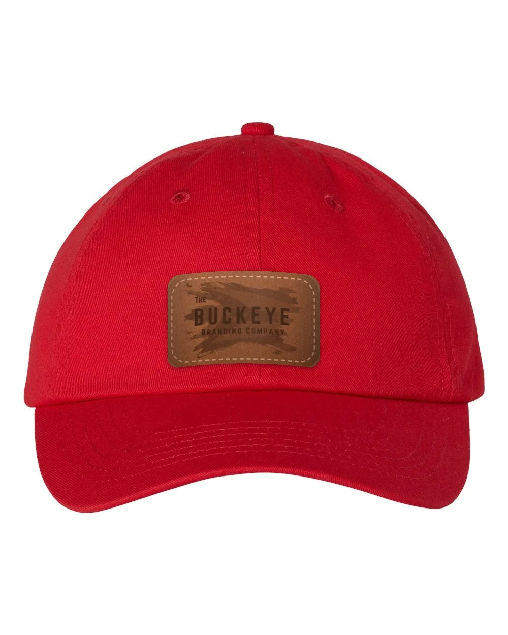 Classic Dad Hat VC300A in Red with laser-engraved leather patch (sample logo)