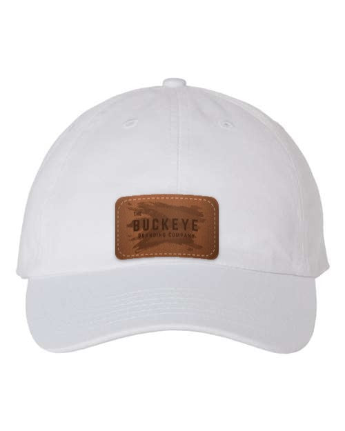 Classic Dad Hat VC300A in White with laser-engraved leather patch (sample logo)