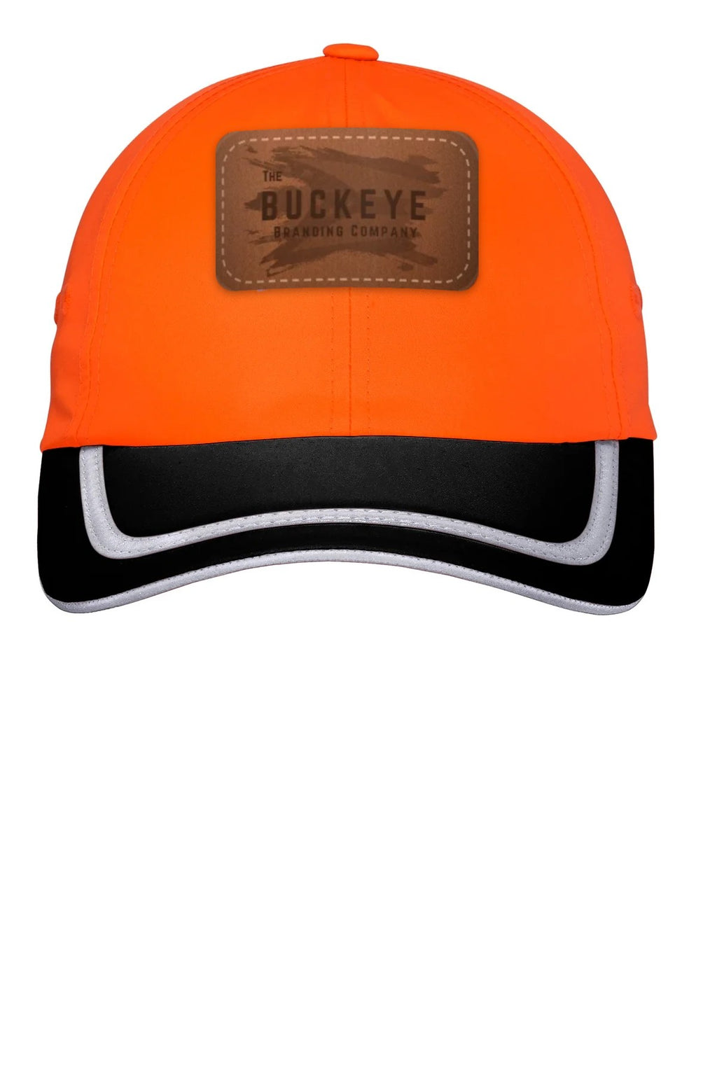 Hi-Vis Safety Cap CS802 in Safety Orange/Black with laser-engraved leather patch (sample logo)