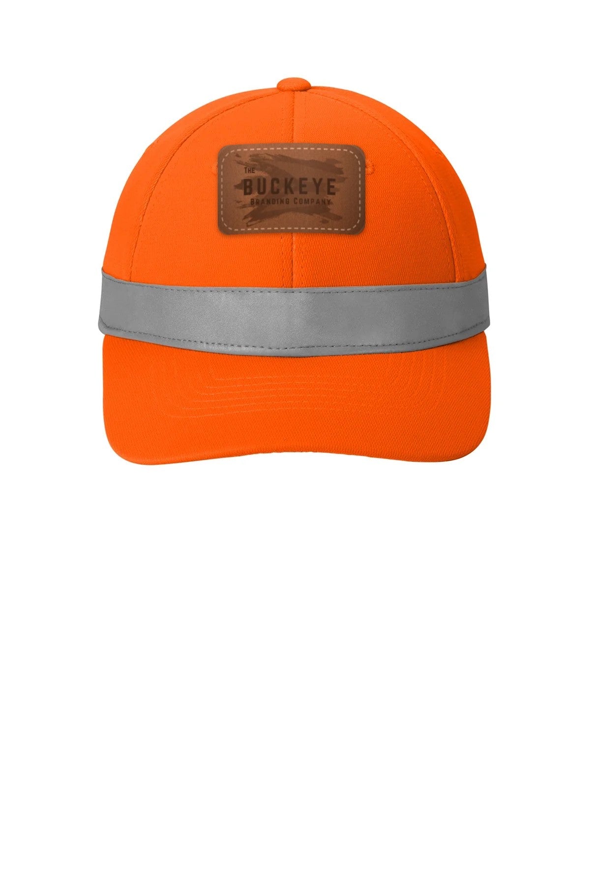 Hi-Vis Safety Cap CS802 in Safety Orange with laser-engraved leather patch (sample logo)