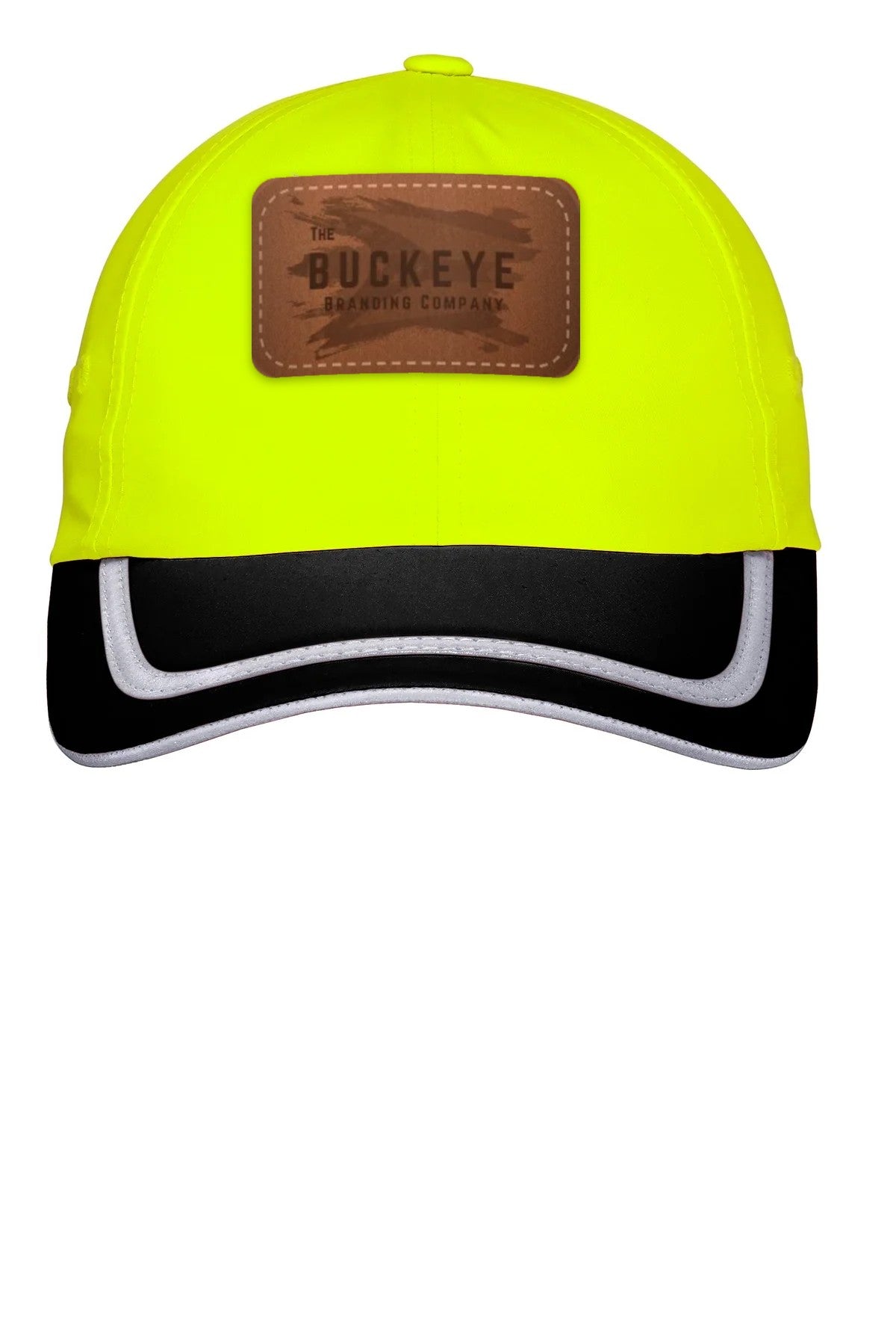 Hi-Vis Safety Cap CS802 in Safety Yellow/Black with laser-engraved leather patch (sample logo)