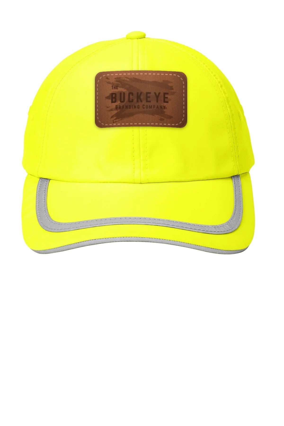 Hi-Vis Safety Cap CS802 in Safety Yellow with laser-engraved leather patch (sample logo)