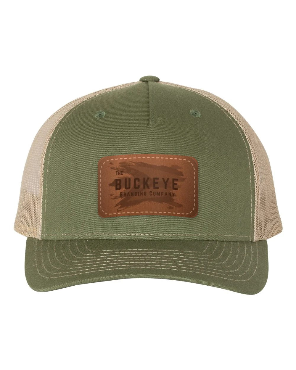 Trucker Cap 112FP in Army/Olive Green with laser-engraved leather patch (sample logo)