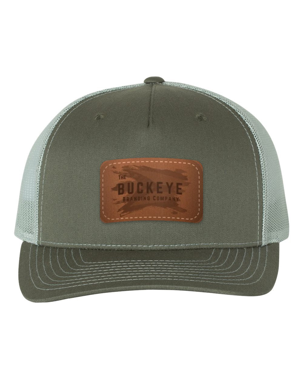 Trucker Cap 112FP in Beetle/Quarry with laser-engraved leather patch (sample logo)