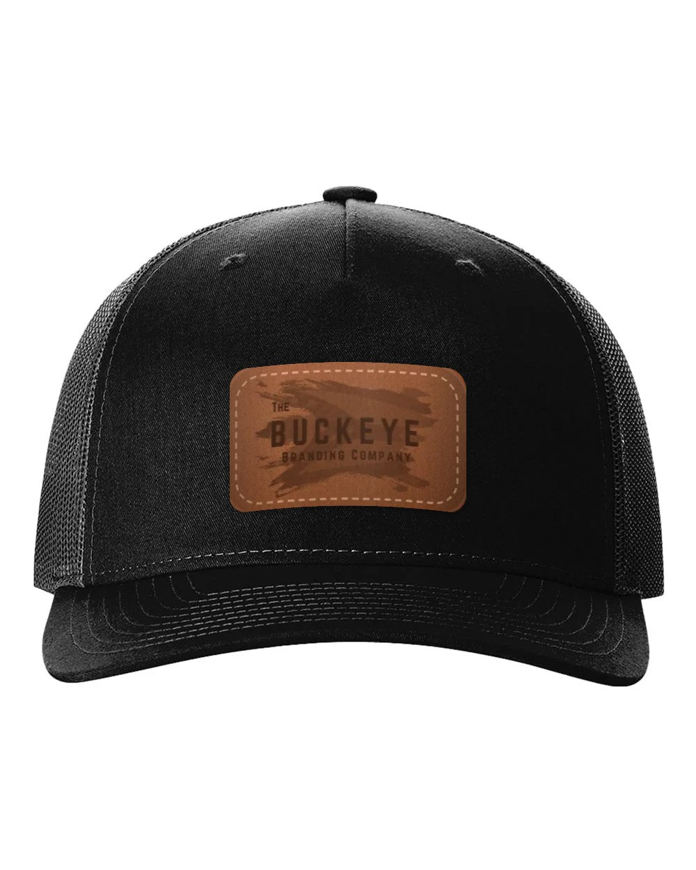 Trucker Cap 112FP in Black with laser-engraved leather patch (sample logo)