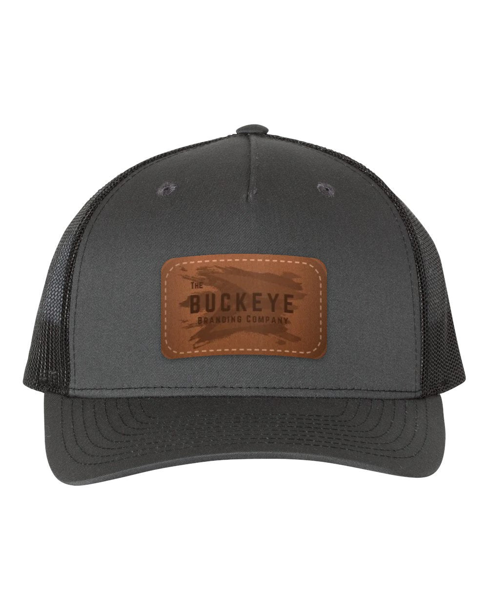 Trucker Cap 112FP in Charcoal/Black with laser-engraved leather patch (sample logo)