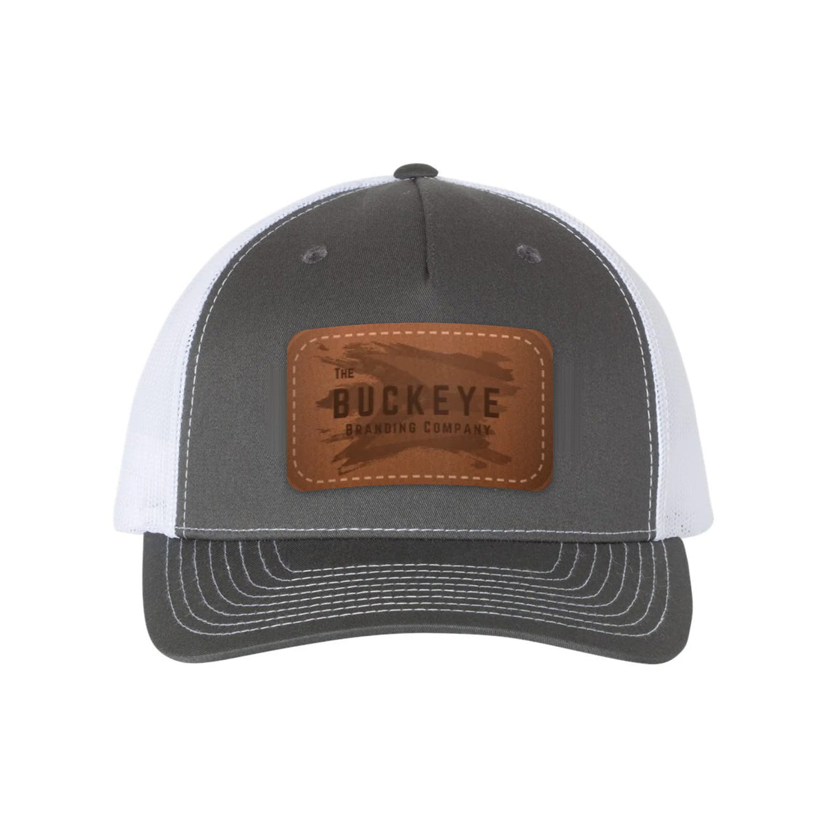 Trucker Cap 112FP in Charcoal/White with laser-engraved leather patch (sample logo)
