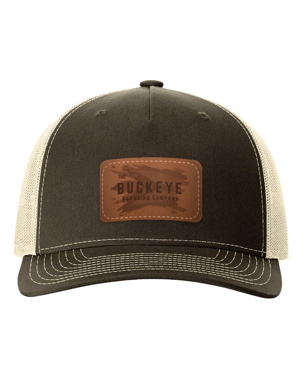 Trucker Cap 112FP in Chocolate Chip/Birch with laser-engraved leather patch (sample logo)