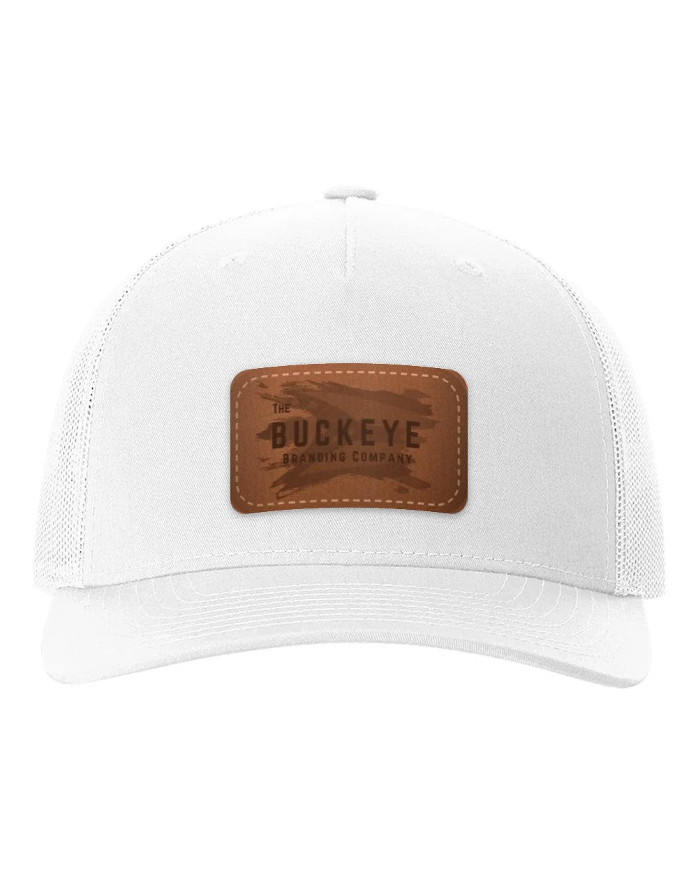 Trucker Cap 112FP in White with laser-engraved leather patch (sample logo)