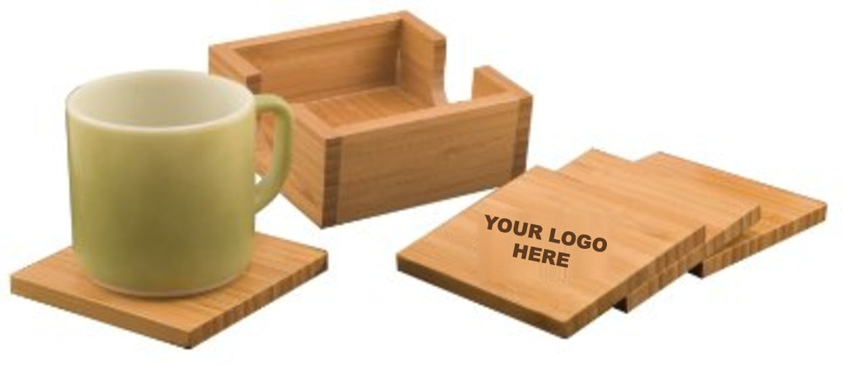 Bamboo coaster set with holder and YOUR LOGO HERE engraving placement