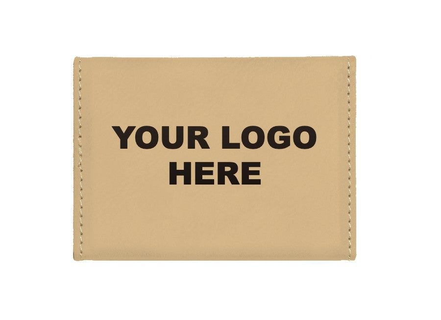 Leatherette business card holder in Light Brown with YOUR LOGO HERE engraving placement