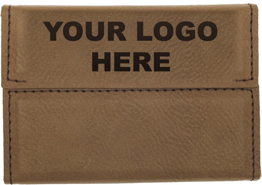 Leatherette business card holder in Dark Brown with YOUR LOGO HERE engraving placement