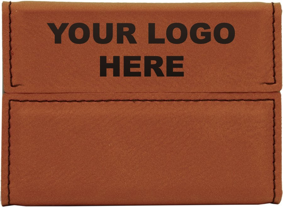 Leatherette business card holder in Rawhide with YOUR LOGO HERE engraving placement