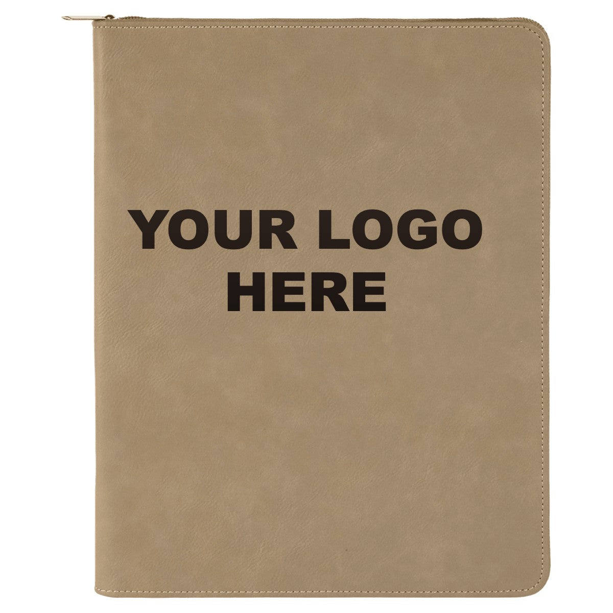 Leatherette zipper portfolio in Light Brown with YOUR LOGO HERE engraving placement