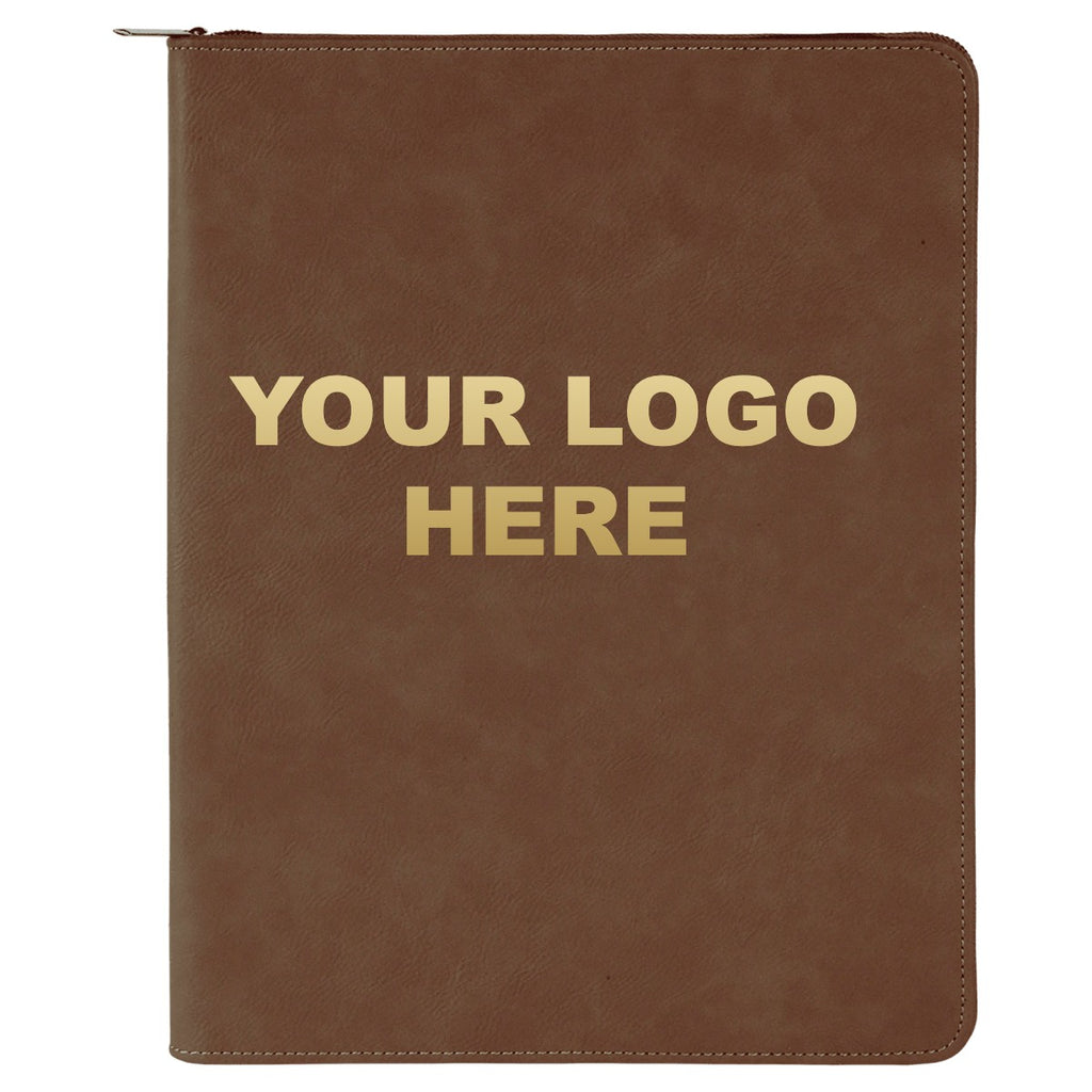 Leatherette zipper portfolio in Dark Brown with YOUR LOGO HERE engraving placement