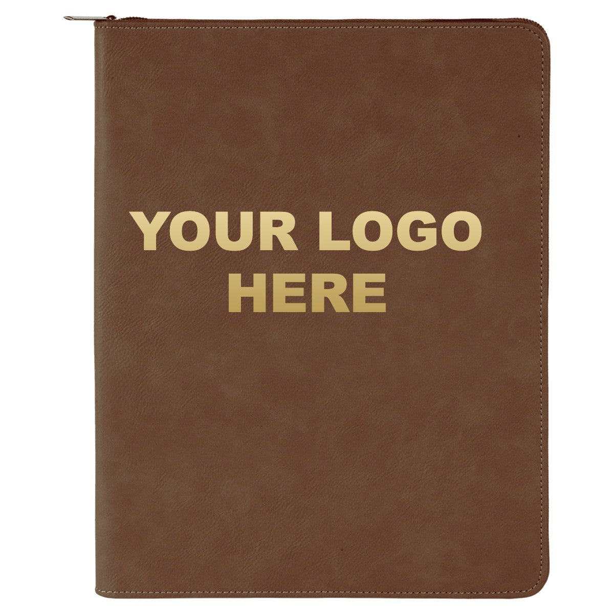 Leatherette zipper portfolio in Dark Brown with YOUR LOGO HERE engraving placement