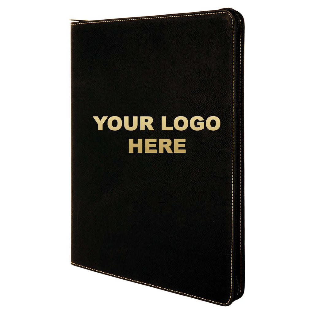 Leatherette zipper portfolio in Black/Gold with YOUR LOGO HERE engraving placement