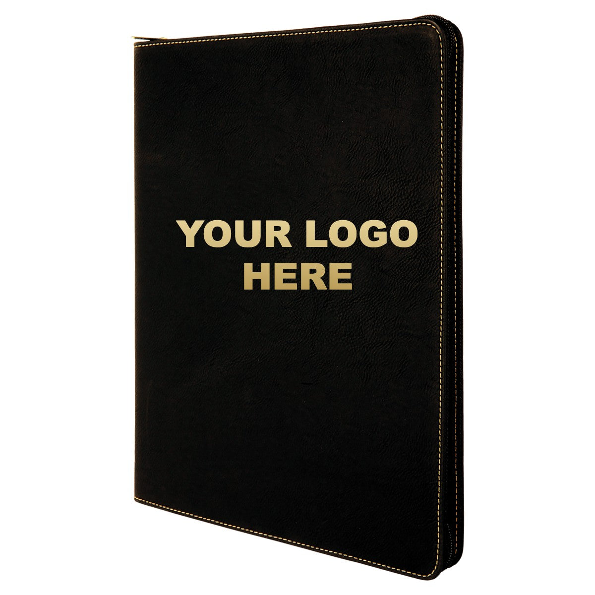 Leatherette zipper portfolio in Black/Gold with YOUR LOGO HERE engraving placement