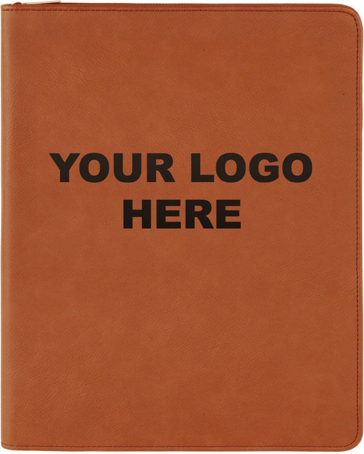 Leatherette zipper portfolio in Rawhide with YOUR LOGO HERE engraving placement