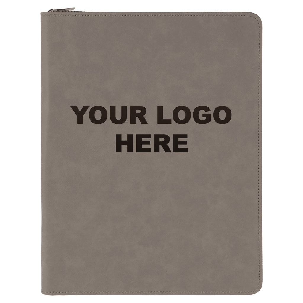 Leatherette zipper portfolio in Gray with YOUR LOGO HERE engraving placement