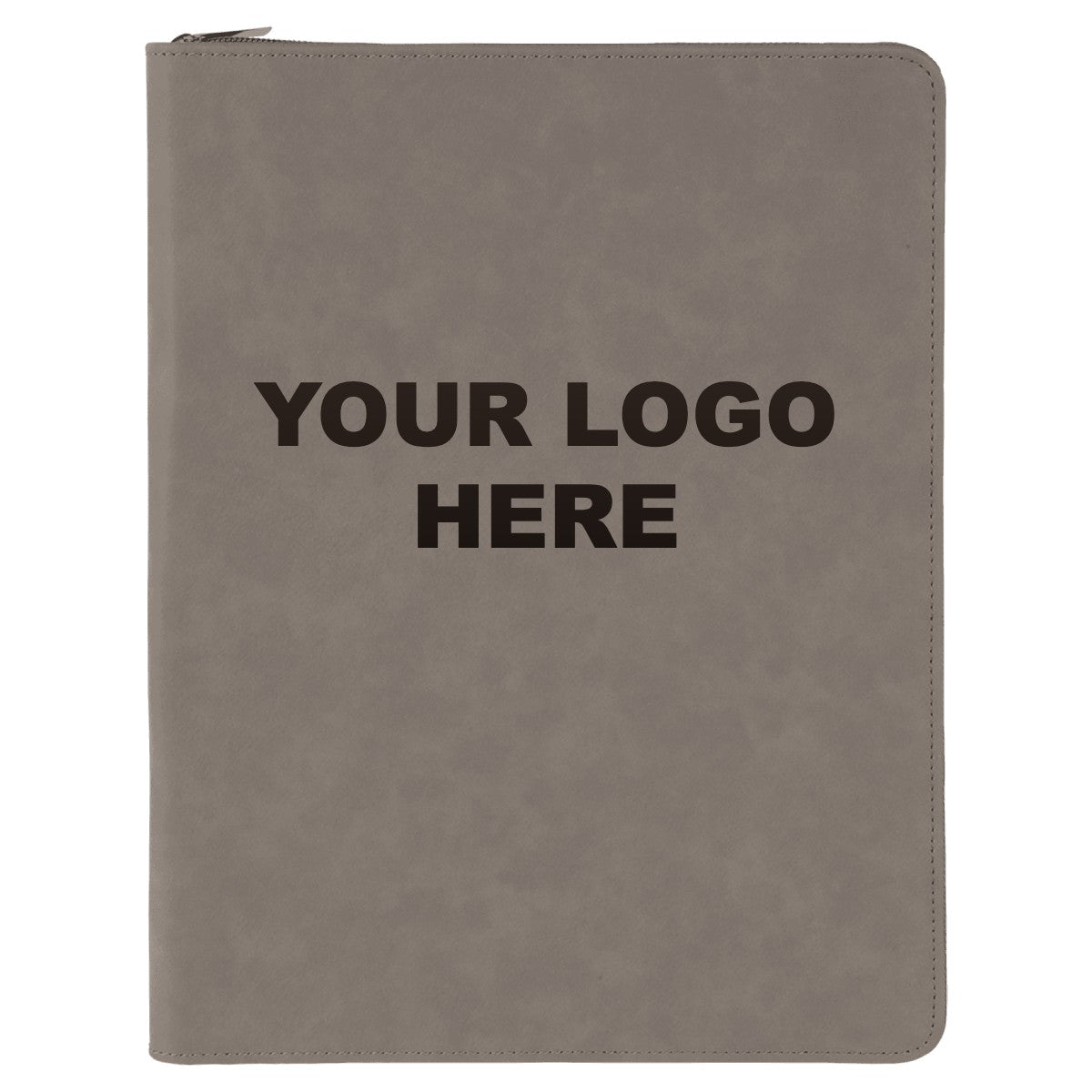 Leatherette zipper portfolio in Gray with YOUR LOGO HERE engraving placement