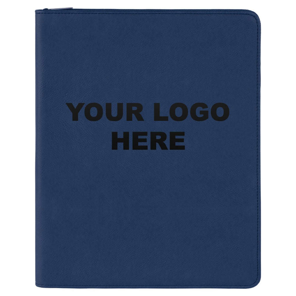 Leatherette zipper portfolio in Blue/Black with YOUR LOGO HERE engraving placement