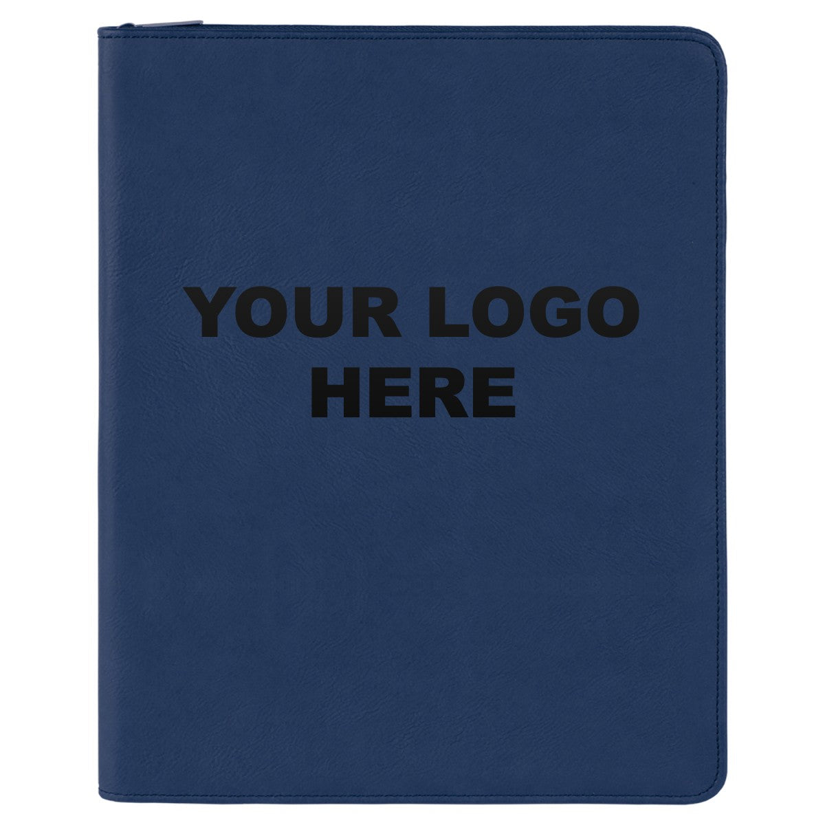 Leatherette zipper portfolio in Blue/Black with YOUR LOGO HERE engraving placement